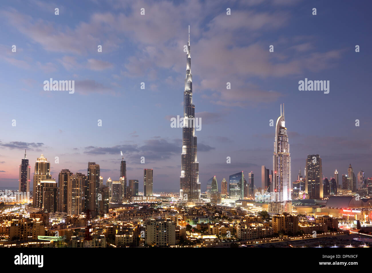 Burj Khalifa and Dubai Downtown at dusk. United Arab Emirates Stock Photo