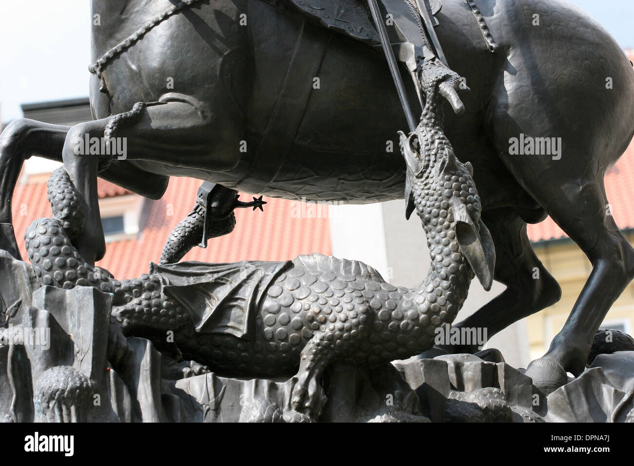 St.George killing a dragon. Detail. Gothic bronze statue. Cast by George Martin and Kluj in 1373. Prague Castle,Third Courtyard. Stock Photo