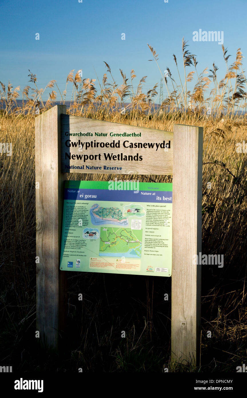 Newport Wetlands Reserve sign, Gwent Levels, Newport, South Wales. Stock Photo