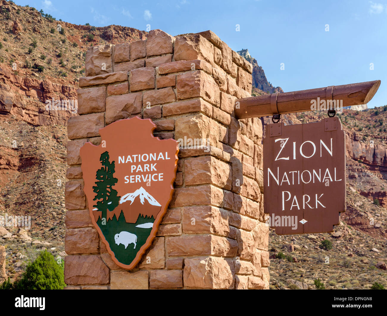 Entrance sign to Zion National Park, Utah, USA Stock Photo Alamy