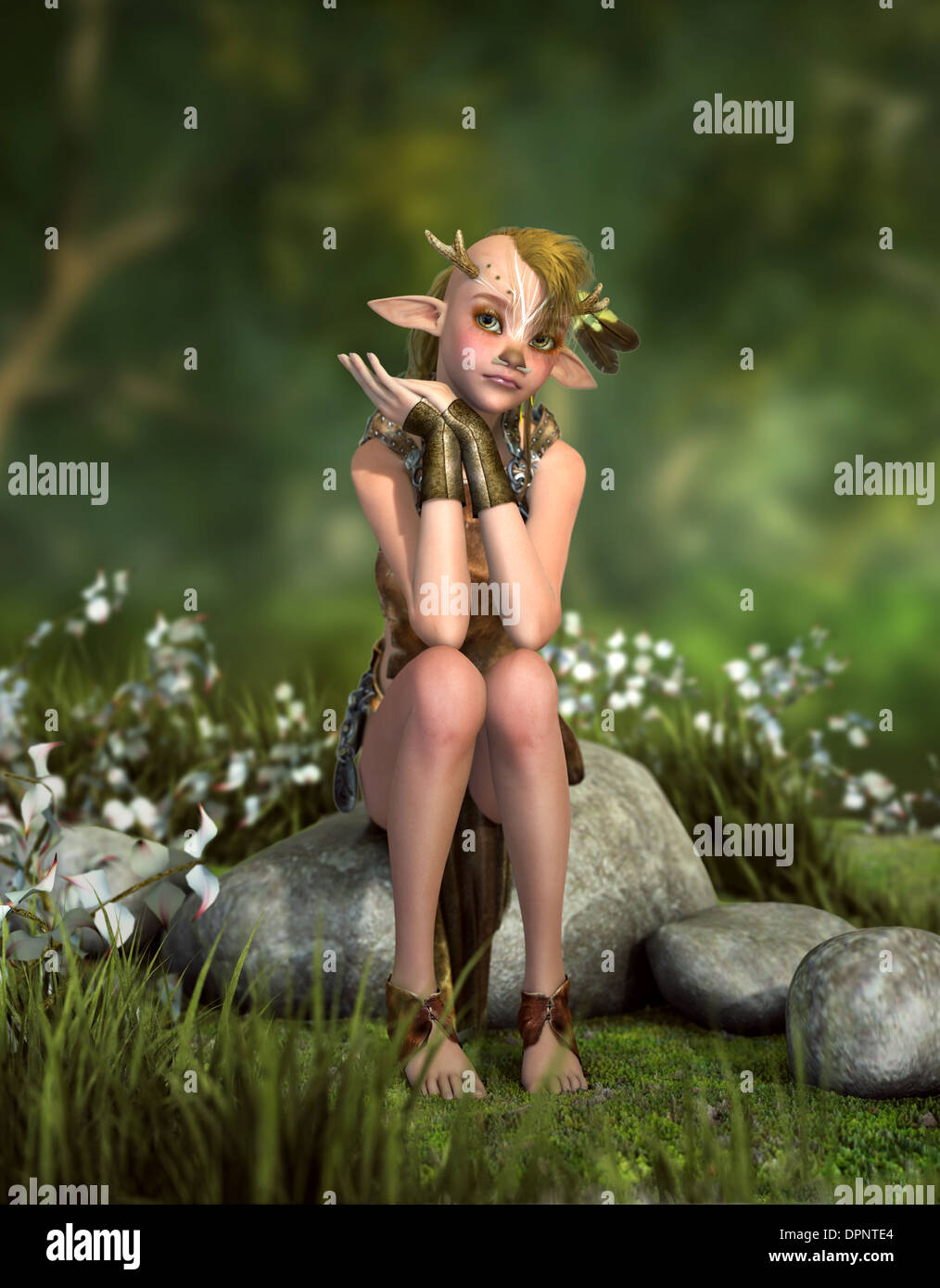 3D computer graphics of a little goblin sitting on a stone Stock Photo