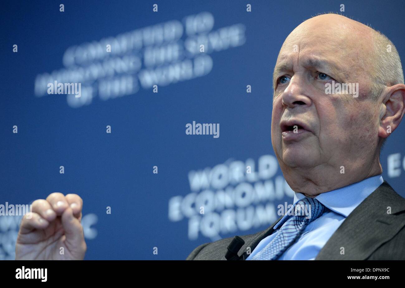 Geneva, WEF headquarters in Geneva. 15th Jan, 2014. Klaus Schwab, founder and executive chairman of the World Economic Forum (WEF), addresses a press conference at the WEF headquarters in Geneva, Jan. 15, 2014. The World Economic Forum (WEF) Annual Meeting scheduled for Jan. 22-26 in Davos of Switzerland would be a platform for global elites to probe into a variety of underlining issues in today's world, said founder of WEF on Wednesday. Credit: Wang Siwei/Xinhua/Alamy Live News Stock Photo