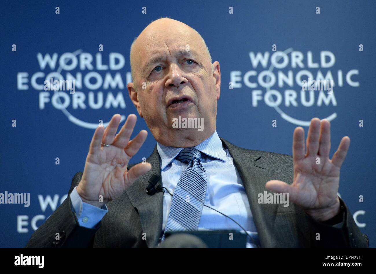 Geneva, WEF headquarters in Geneva. 15th Jan, 2014. Klaus Schwab, founder and executive chairman of the World Economic Forum (WEF), addresses a press conference at the WEF headquarters in Geneva, Jan. 15, 2014. The World Economic Forum (WEF) Annual Meeting scheduled for Jan. 22-26 in Davos of Switzerland would be a platform for global elites to probe into a variety of underlining issues in today's world, said founder of WEF on Wednesday. Credit: Wang Siwei/Xinhua/Alamy Live News Stock Photo