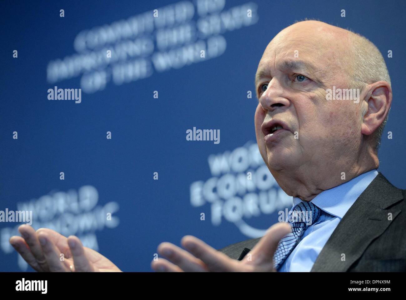 Geneva, WEF headquarters in Geneva. 15th Jan, 2014. Klaus Schwab, founder and executive chairman of the World Economic Forum (WEF), addresses a press conference at the WEF headquarters in Geneva, Jan. 15, 2014. The World Economic Forum (WEF) Annual Meeting scheduled for Jan. 22-26 in Davos of Switzerland would be a platform for global elites to probe into a variety of underlining issues in today's world, said founder of WEF on Wednesday. Credit:  Wang Siwei/Xinhua/Alamy Live News Stock Photo