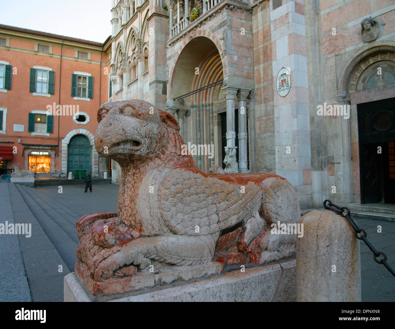Ferrara duomo and griffin sculpture Stock Photo
