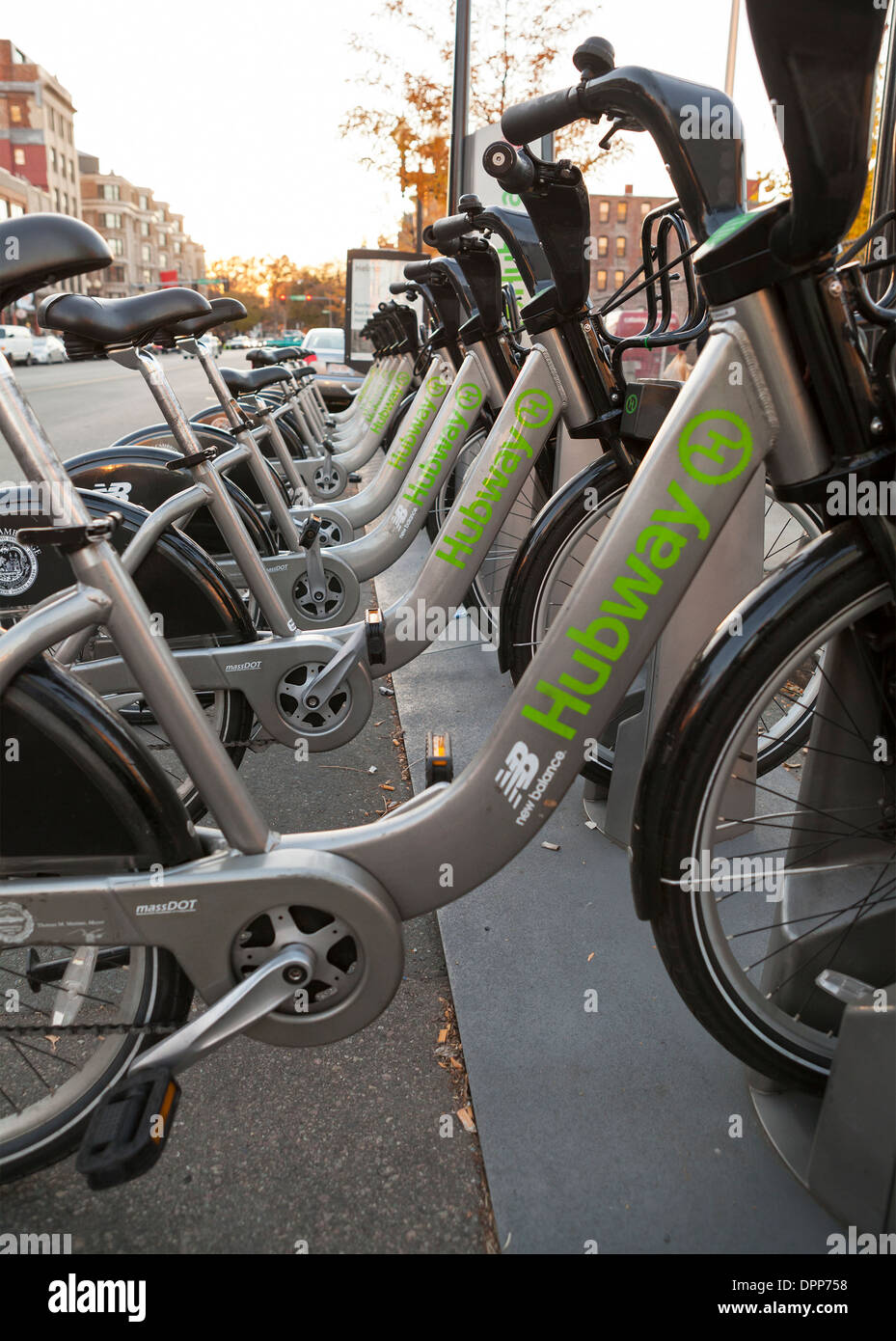 A Hubway bike rack in Boston holds many bikes for customers to use