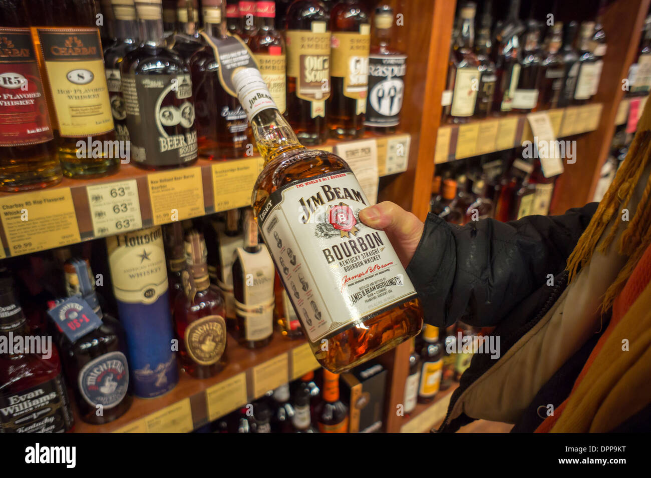 A bottle of Jim Beam bourbon on display in a liquor store in New York