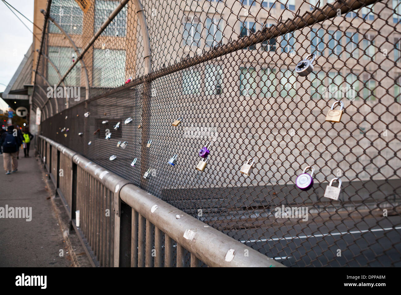 Love locks are put on a fence in Boston to express endless love between two people. Stock Photo