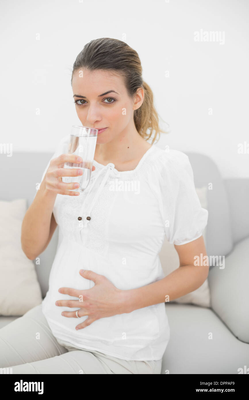 Beautiful pregnant woman touching her belly drinking a glass of water