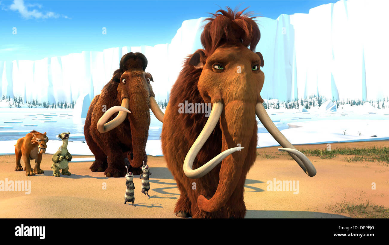 Apr. 17, 2006 - IA2-84.      (l to r) Diego (voiced by Denis Leary), Sid the Sloth (voiced by John Leguizamo), Manny (voiced by Ray Romano), Crash (Seann William Scott), Eddie ( Josh Peck)and Ellie (voiced by Queen Latifah) in ICE AGE THE MELTDOWN..K47526ES.ICE AGE 2 THE MELTDOWN.TV-FILM STILL.PHTO SUPPLIED BY   PHOTOS(Credit Image: © Globe Photos/ZUMAPRESS.com) Stock Photo