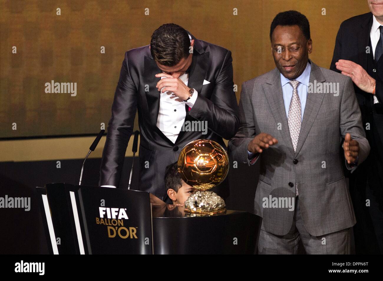 Zurich, Switzerland. 13th Jan, 2014. (L-R) Cristiano Ronaldo, Pele Football  / Soccer : FIFA World Player of the Year Cristiano Ronaldo makes a speech  with the FIFA Ballon d'Or trophy and his