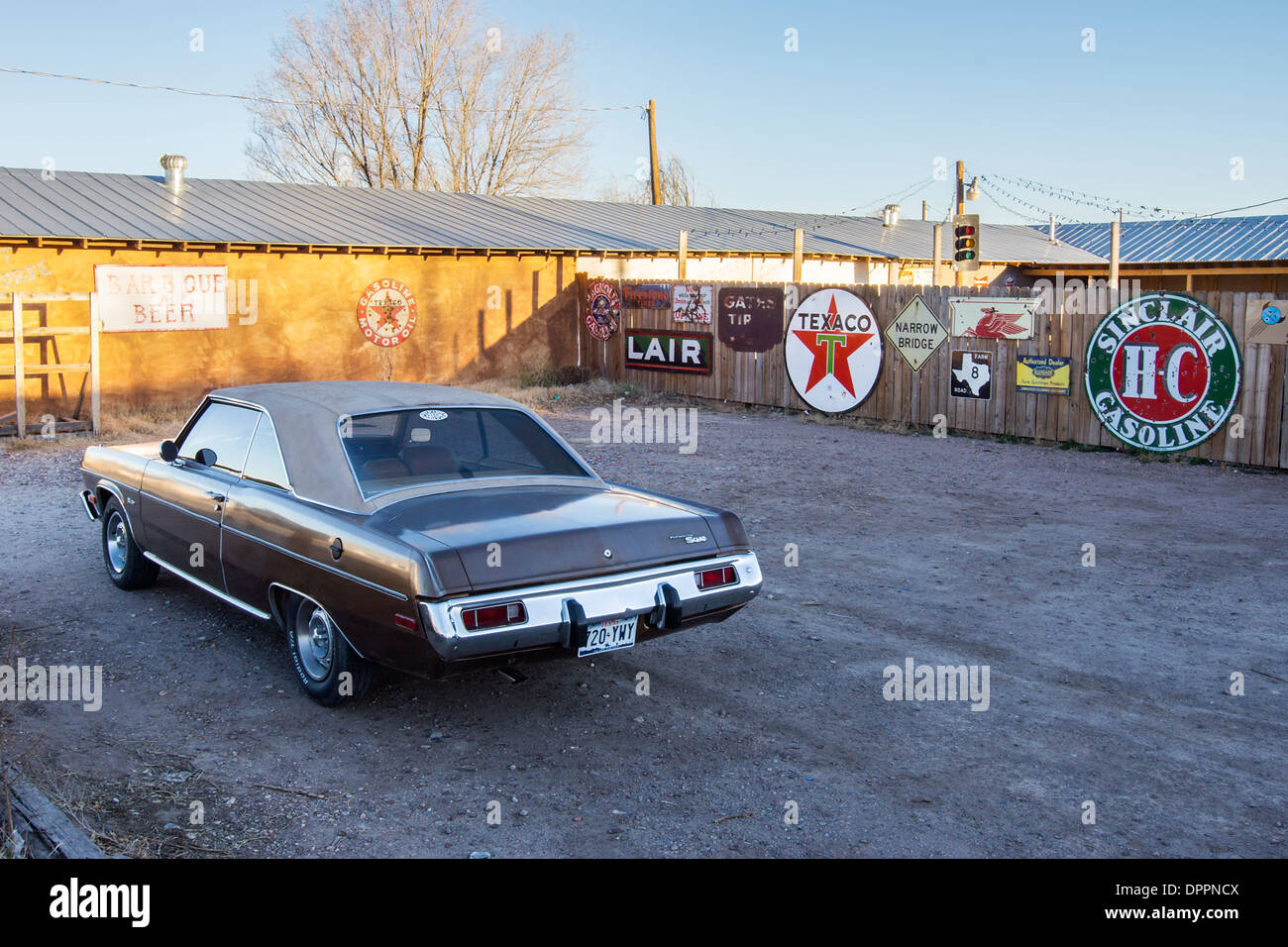Vintage car and commercial signs in Marfa, West Texas Stock Photo Alamy