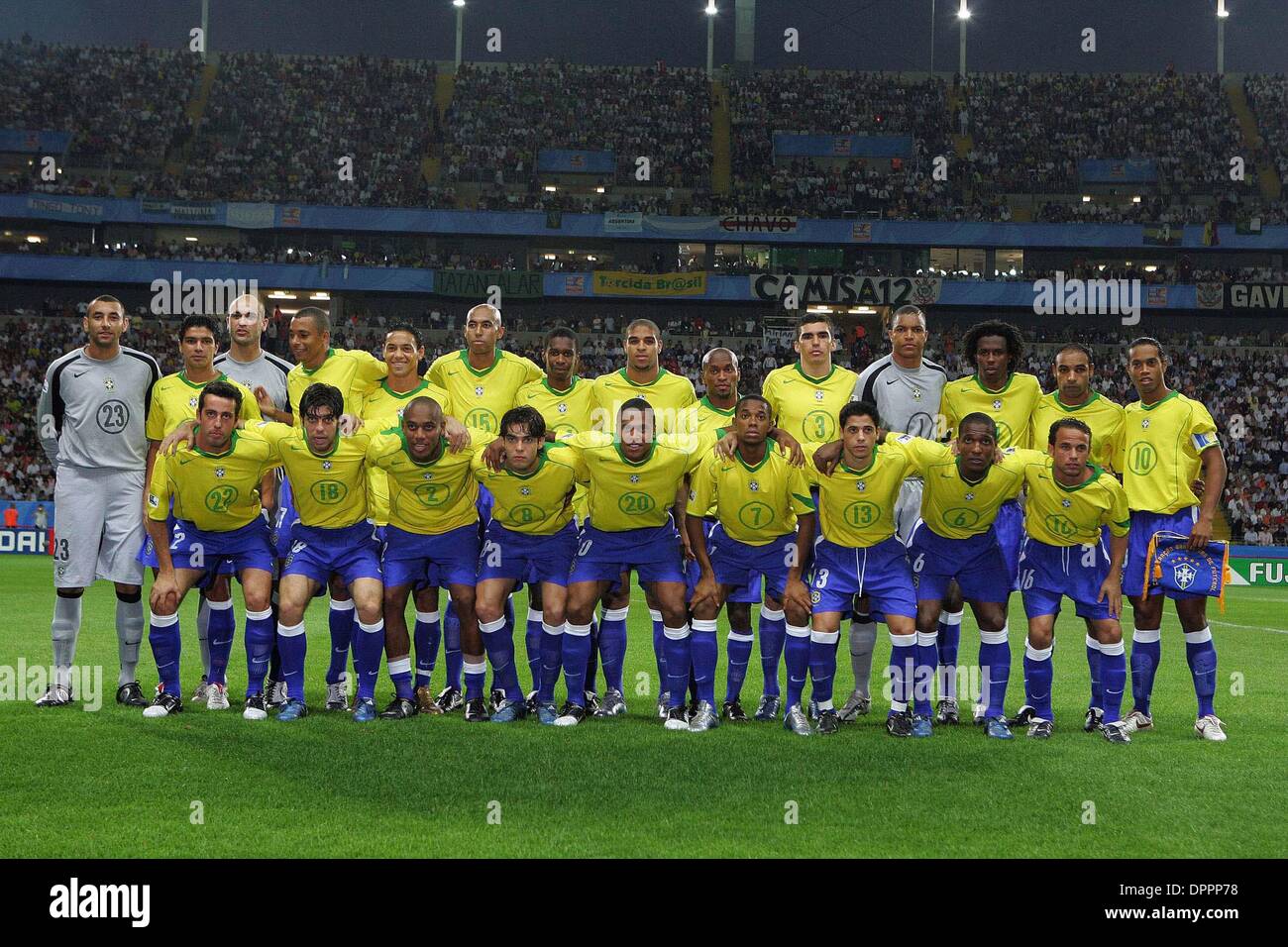 Jan. 18, 2006 - Frankfurt, GERMANY - 20050629: FRANKFURT, GERMANY: Brazilian National Soccer Team: (L/R - 1st Line) Gomes, Renato, Marcos, Gilberto Silva, Ricardo Oliveira, Luisâ€¹o, Juan, Adriano, ZÅ½ Roberto, Luico, Dida, Roque Junior, Æ’merson and Ronaldo GaÅ“cho.  (L/R - 2nd Line): Edu, Juninho Pernambucano, Marcio, Kakâ€¡, Julio Batista, Robinho, Cilinho, Gilberto and LÅ½o. .B Stock Photo