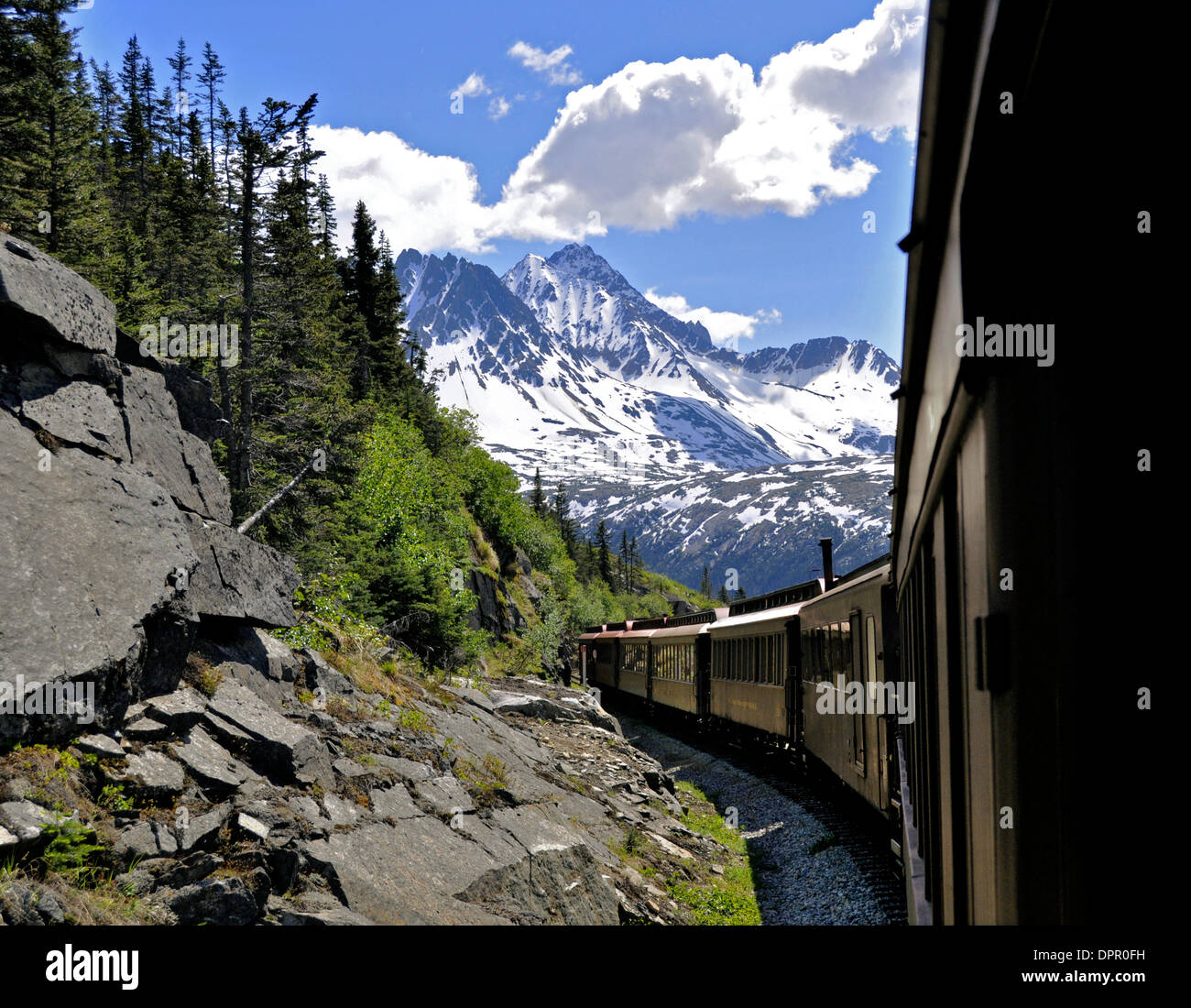 White Pass Yukon Route Railroad train, near Skagway, Alaska Stock Photo