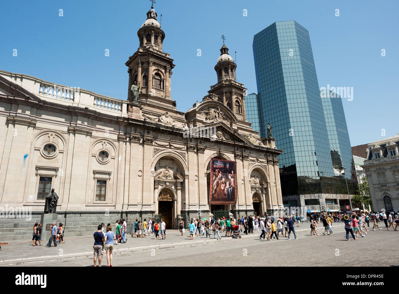 SANTIAGO, Chile - The exterior of the Metropolitan Cathedral of Santiago (Catedral Metropolitana de Santiago) in the heart of Santiago, Chile, facing Plaza de Armas. The original cathedral was constructed during the period 1748 to 1800 (with subsequent alterations) of a neoclassical design. Stock Photo