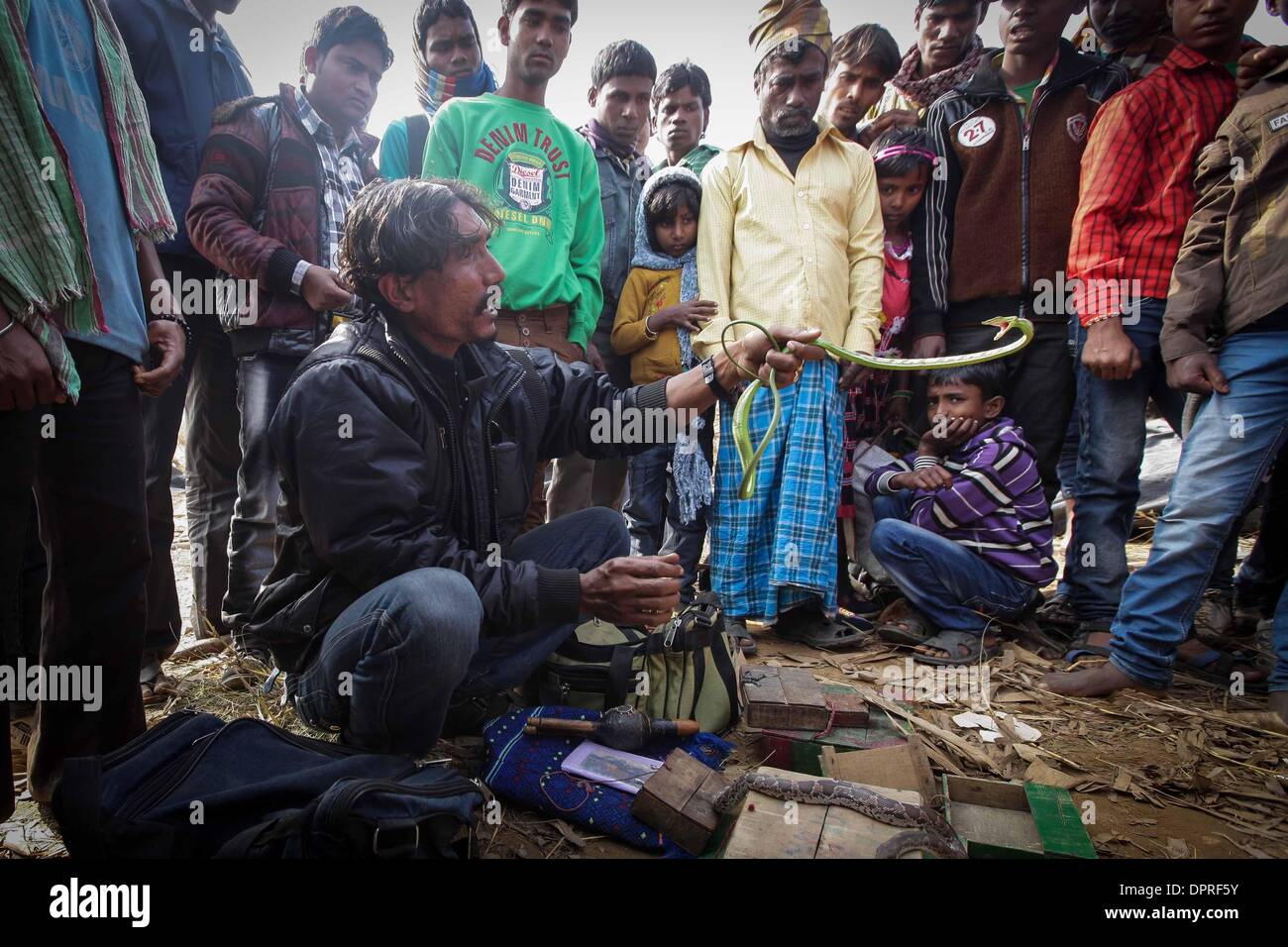 Kenduli, Joydev, West Bengal, India. 15th January 2014. A snake charmer performs at the Joydev Kenduli Mela in the village of Kenduli, Joydev in West Bengal State of India. The Joydev Kenduli Mela, a three-day grand fair to commemorate India's famous ancient poet Joyadeva who composed the Gita Govinda, was held on Wednesday. Tens of thousands of tourists were attracted to come not only to hear the Bauls who sing the hymns composed by Joyadeva, but also to enjoy the flavour of a typical Indian countryside market, such as snake charmers, street food and so on. (Xinhua/Zheng Huanso © Xinhua/Alamy Stock Photo