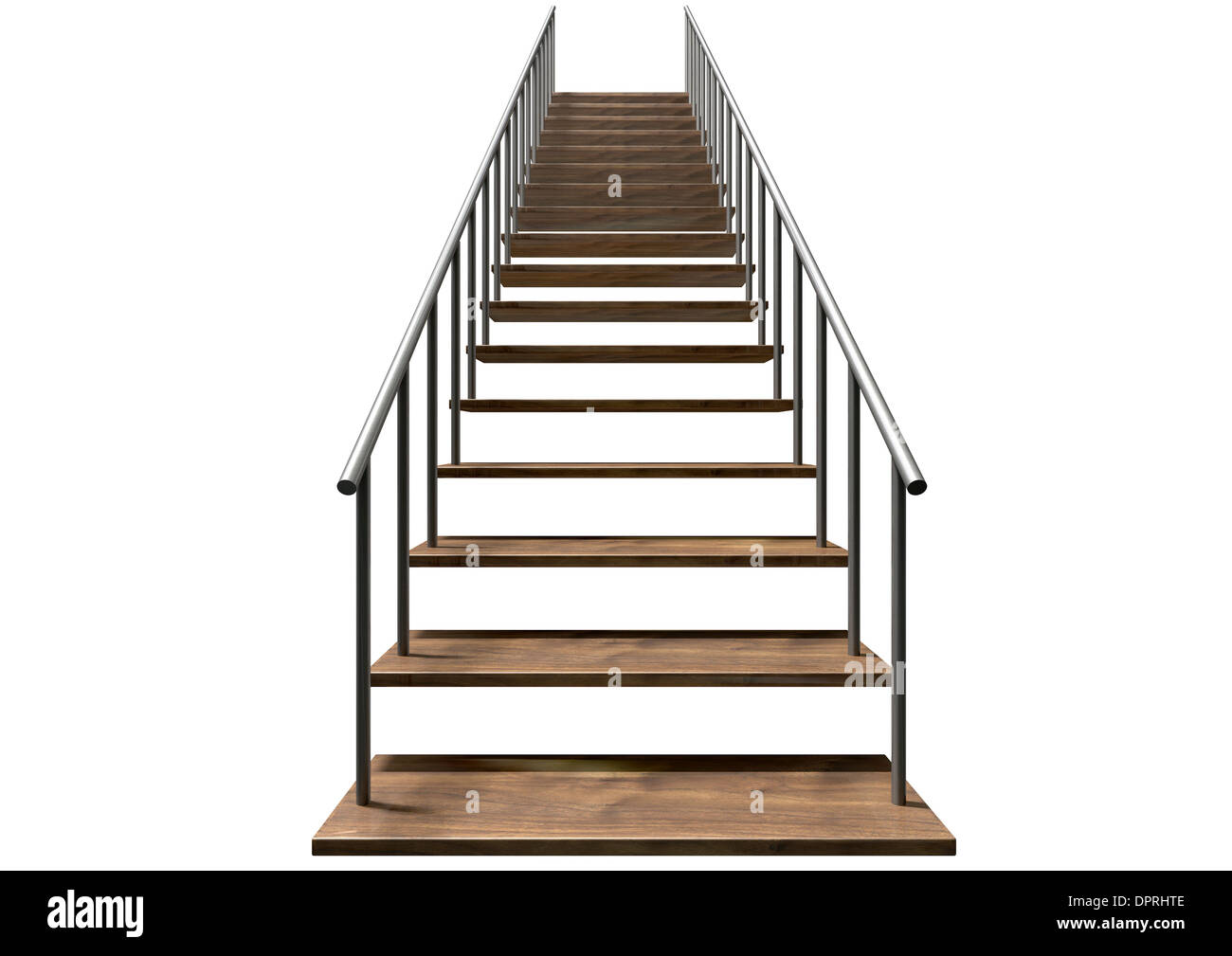 A staircase made of wooden steps and a metal handrail on an isolated