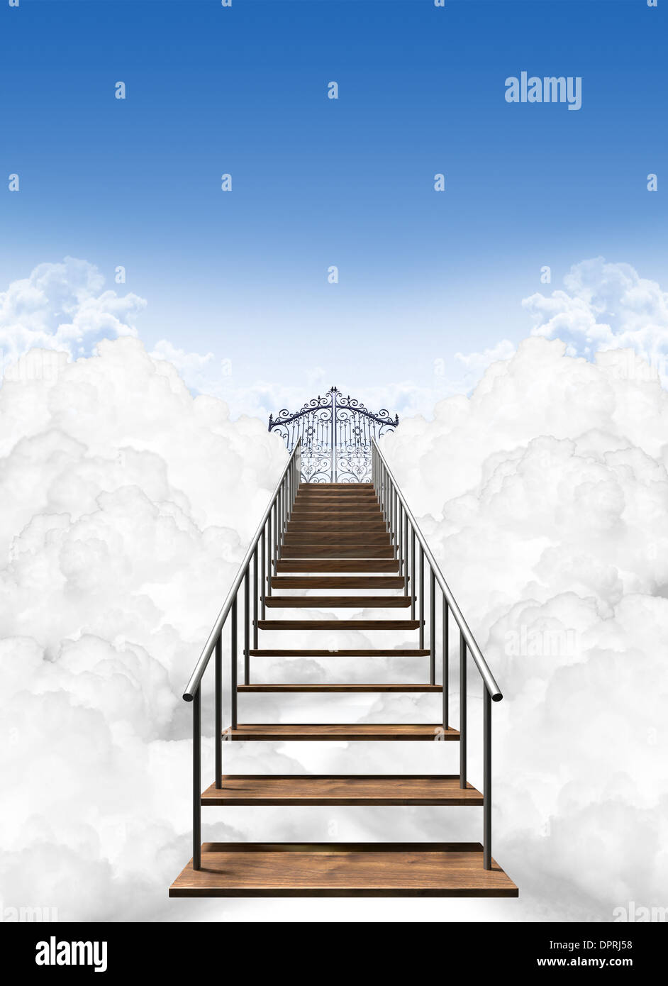 A depiction of the stairway to heavens pearly gates above the clouds on a  clear blue sky background Stock Photo - Alamy