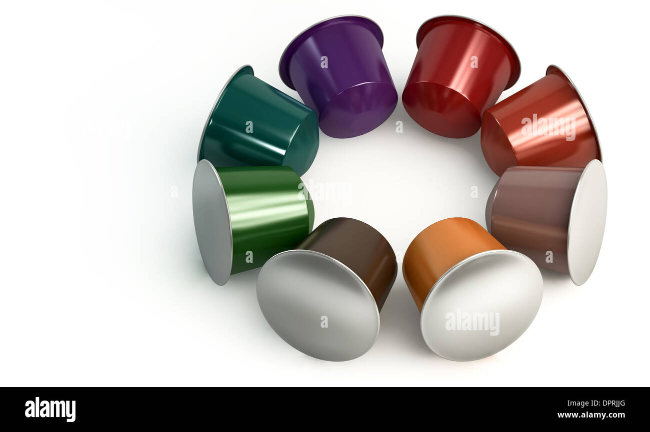 A collection of colorful instant espresso coffee capsules sealed with