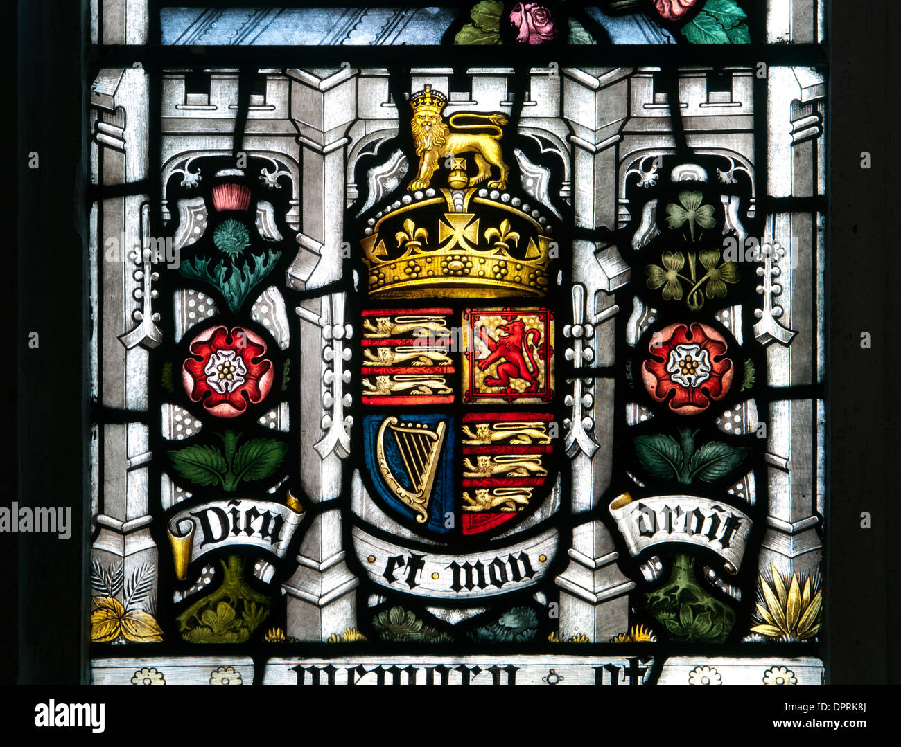 Royal coat of arms stained glass, All Saints Church, Kings Langley