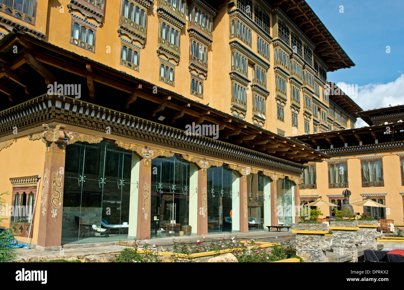 Taj Tashi Hotel in traditional architecture, Thimphu, Bhutan Stock Photo