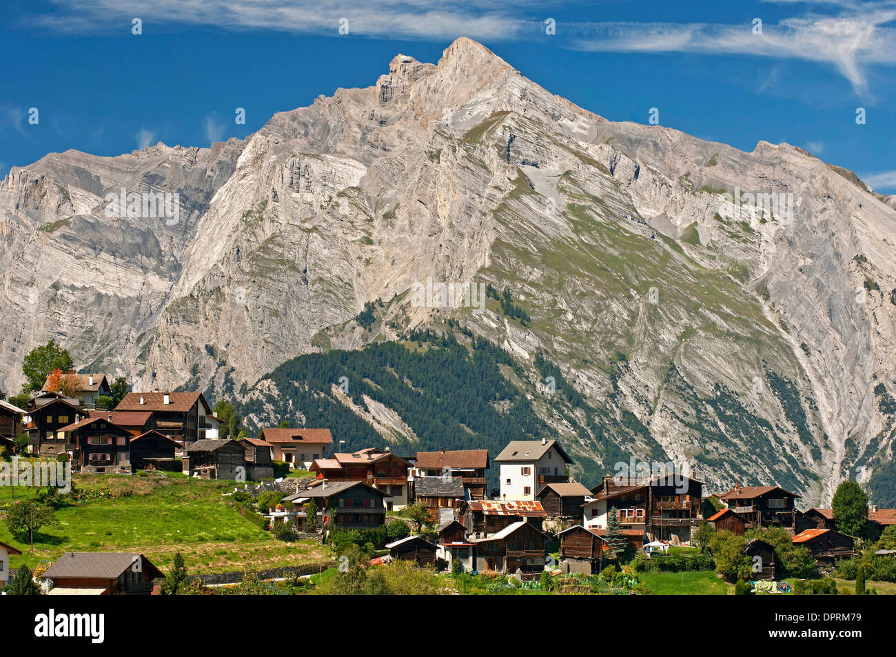 Nendaz above the Rhone Valley, behind peak Haut de Cry in the Bernese Alps, Valais, Switzerland Stock Photo