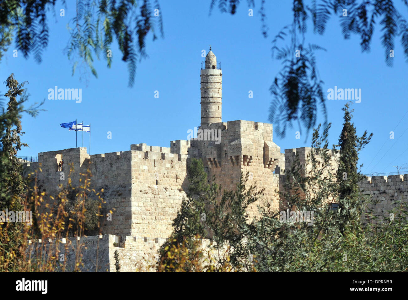 Dec 09, 2008 - Jerusalem, Israel - The Tower of David. The towering walls surrounding the Old City of Jerusalem is an impressive union of medieval and Middle Eastern architectural features. The walls were commissioned by Ottoman sultan Suleiman the Magnificent, who invested heavily in the development of Jerusalem during the 16th century. The Old City is home to several sites of key Stock Photo