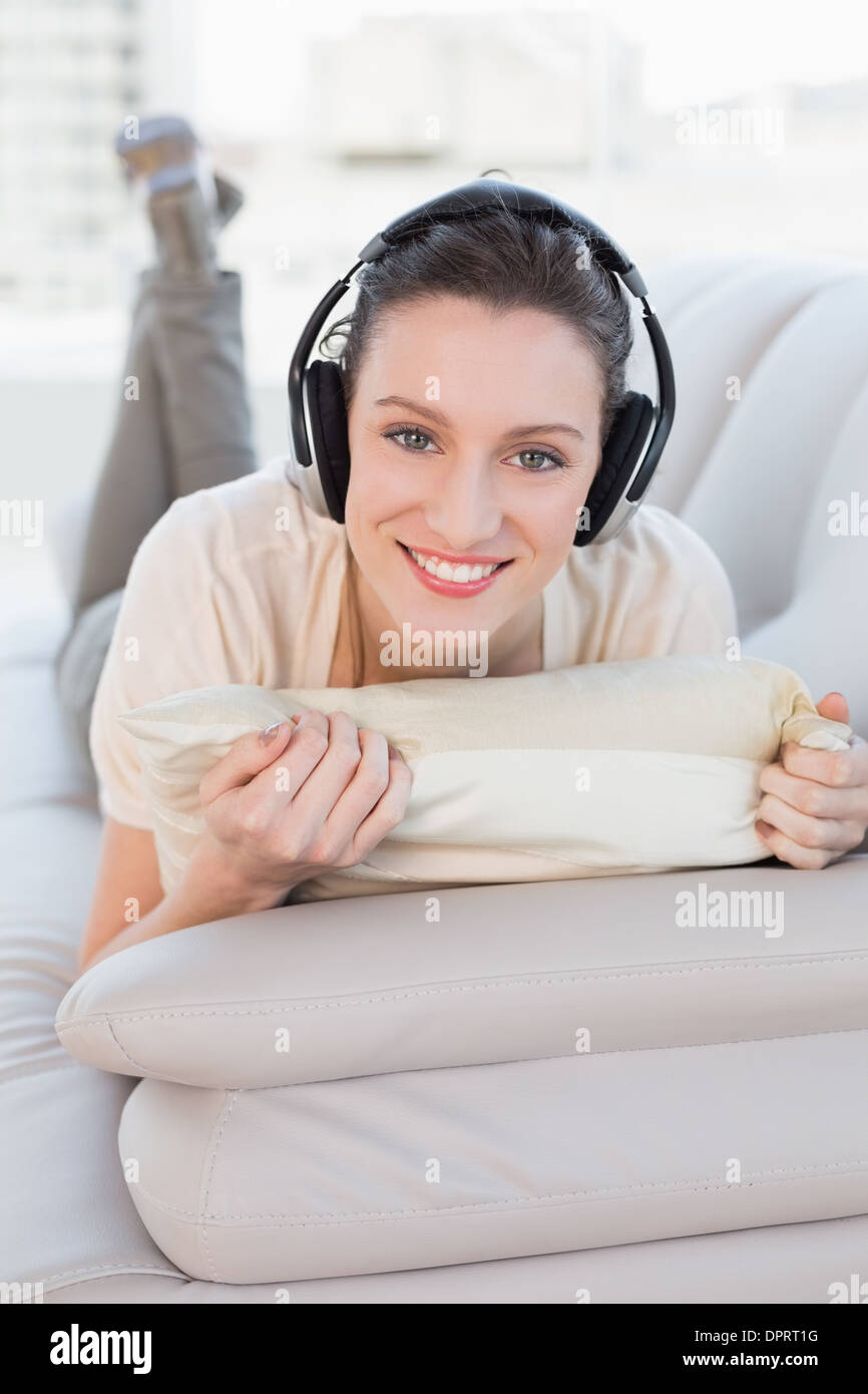 Happy relaxed woman headphones hi-res stock photography and images - Alamy