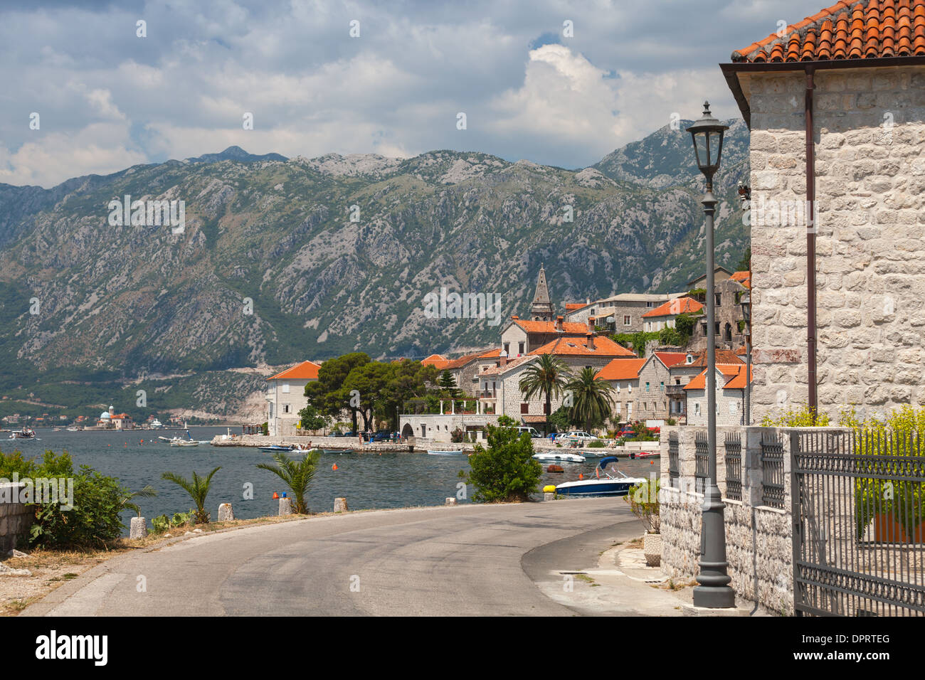 Coastal road in old Perast, Bay of Kotor, Montenegro Stock Photo