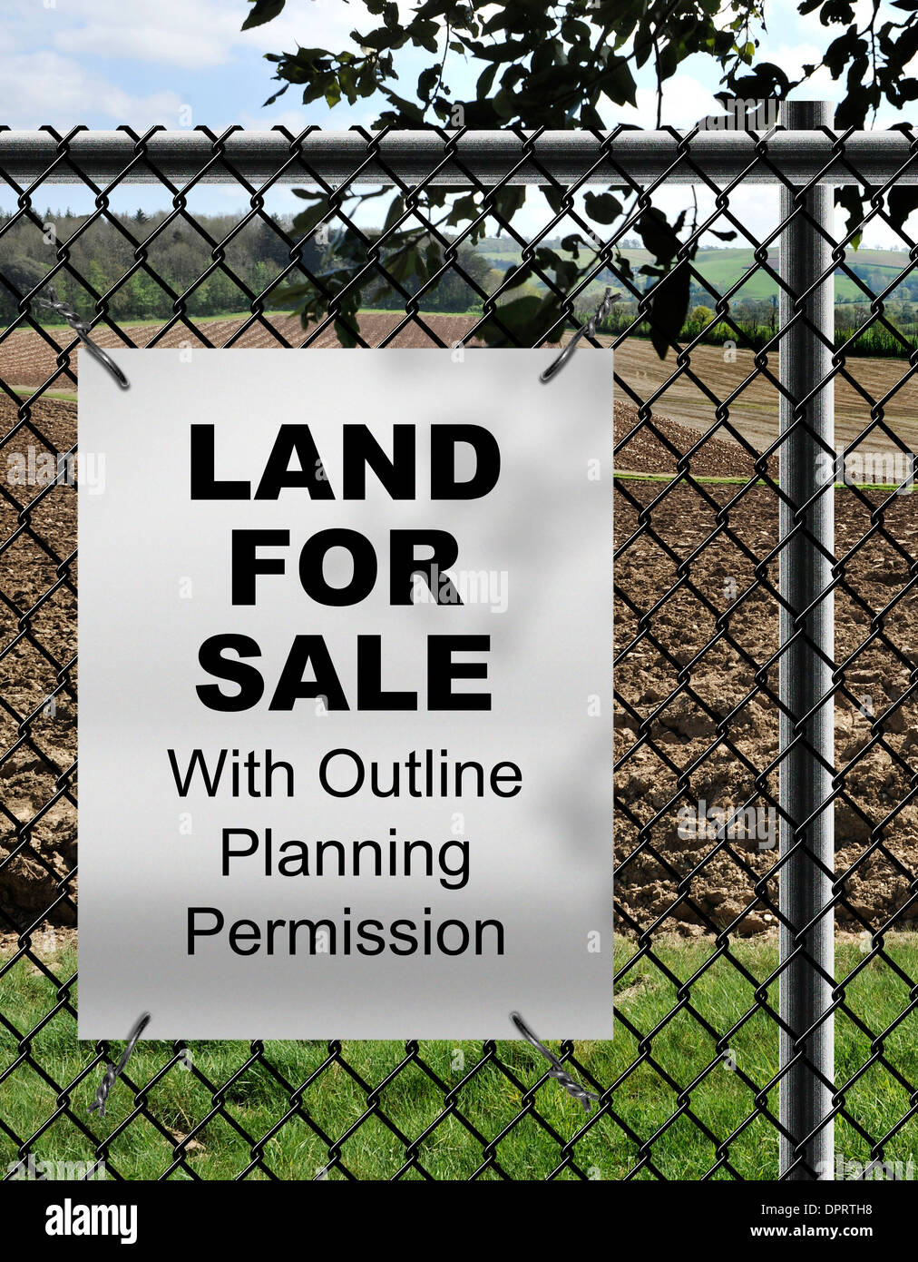 Land For Sale by with Outline Planning Permission sign fixed on wire