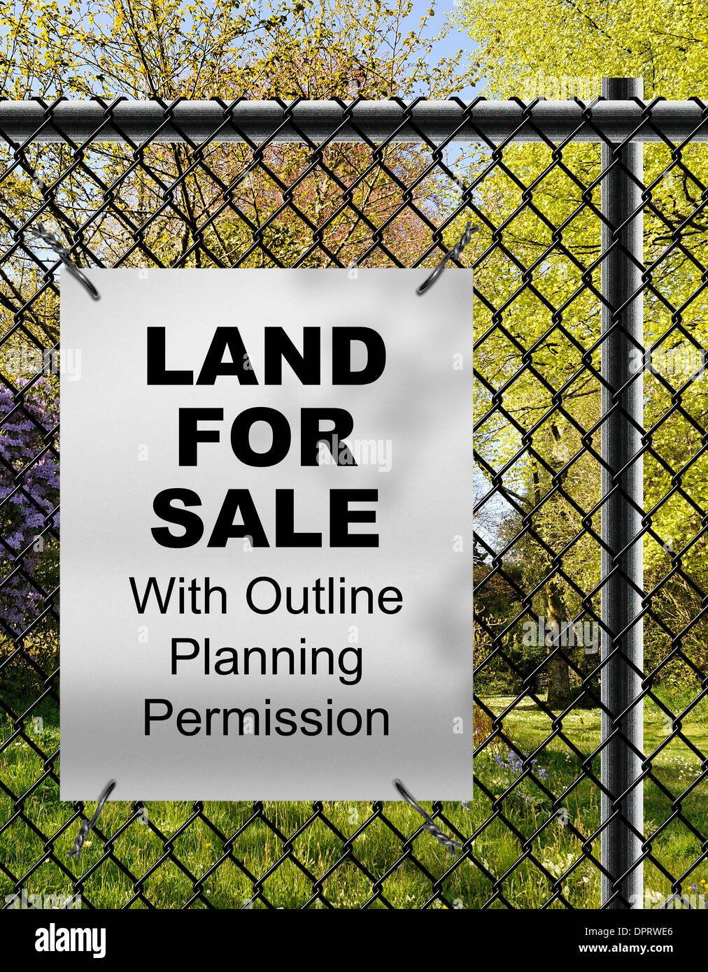 Land For Sale by with Outline Planning Permission sign fixed on wire