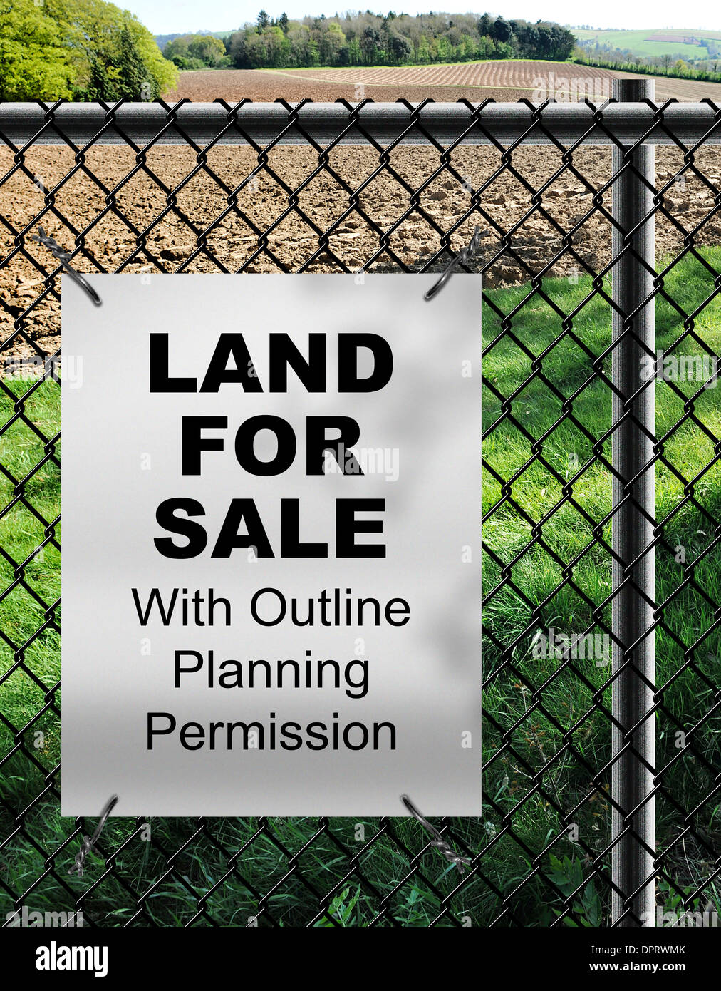 Land For Sale by with Outline Planning Permission sign fixed on wire