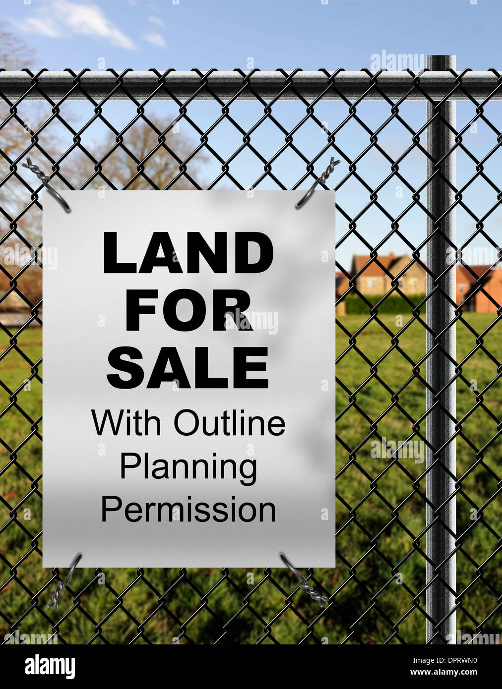 Land For Sale by with Outline Planning Permission sign fixed on wire