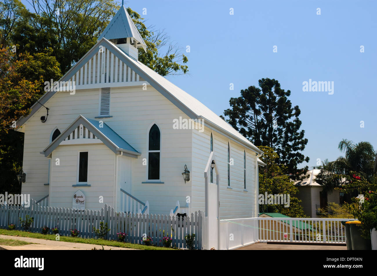 Old small white wooden weatherboard church in Paddington, a suburb of Brisbane, Queensland, Australia Stock Photo