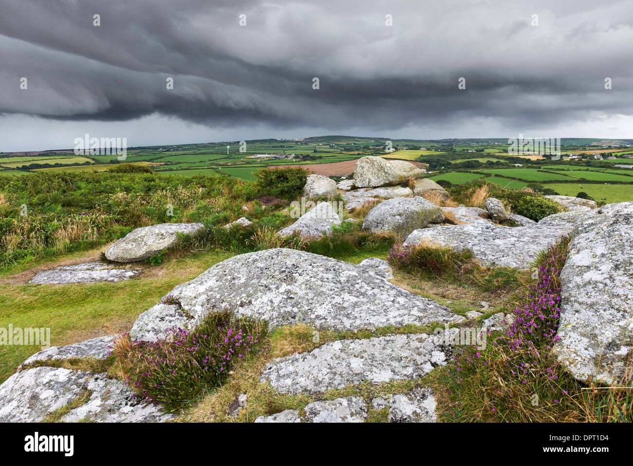 Storm clouds gathering above the Cornish countryside, West Cornwall Stock Photo