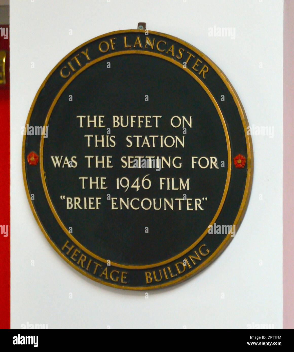 Commemorative plaque. The Buffet, Rail Station, Carnforth, Lancashire, England, United Kingdom, Europe. Stock Photo