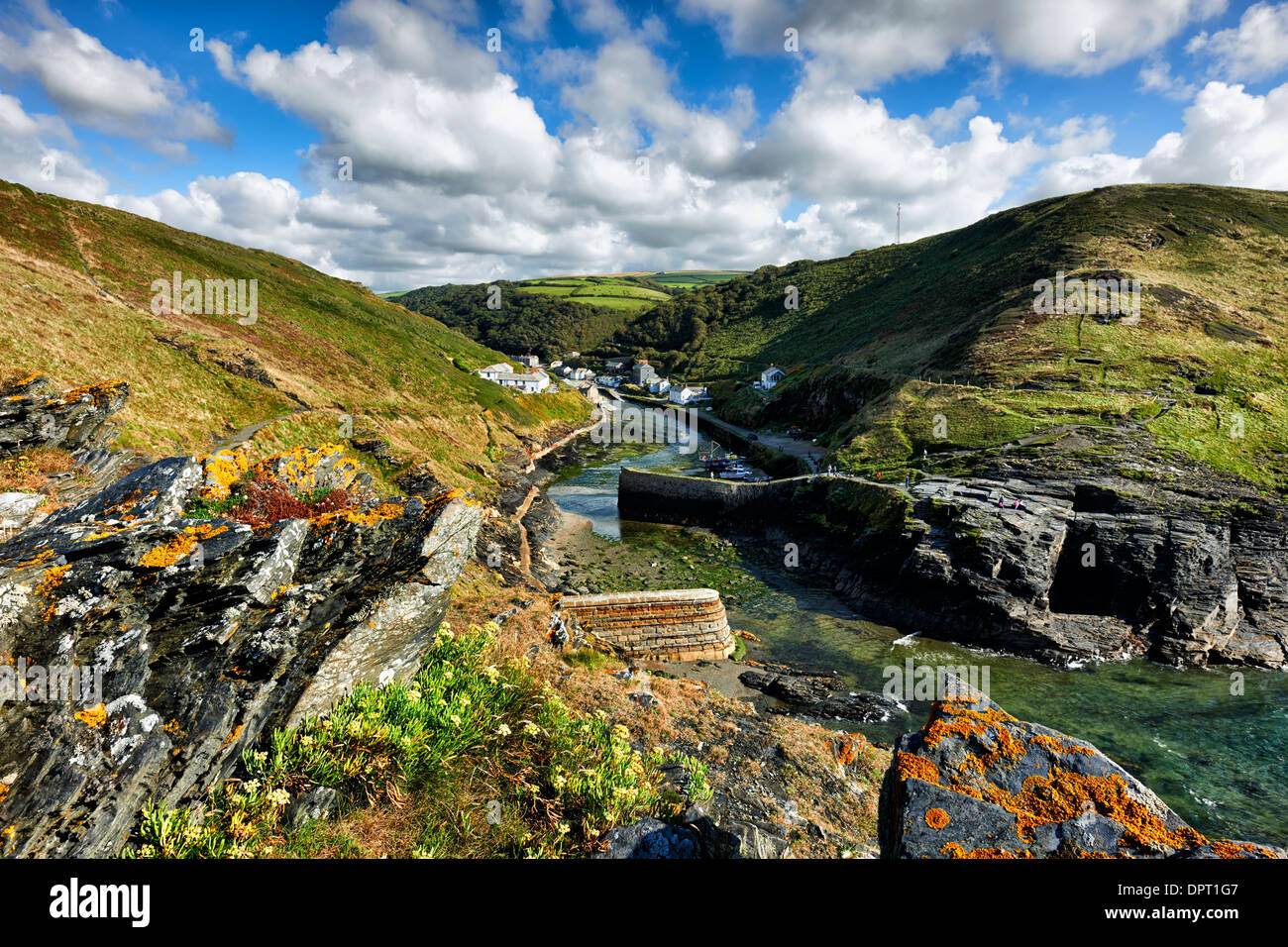 View toward the steep sided valley of Boscastle and harbour entrance Stock Photo