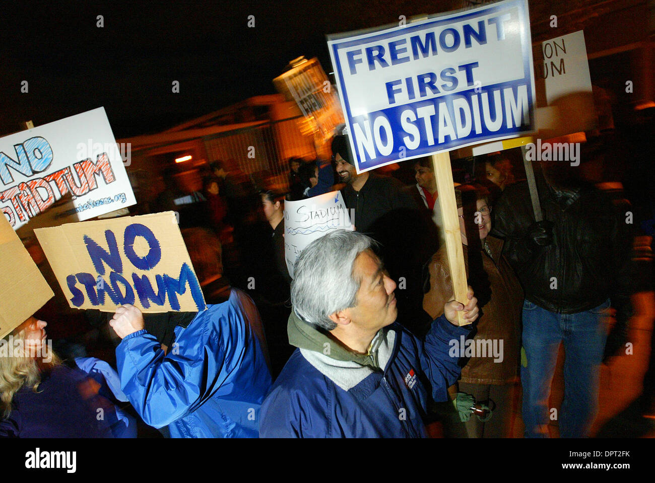 Henery Thein protests outside of Weibel Elementary School before a meeting about a proposed baseball stadium for the Oakland Athletics on Thursday, February 5, 2009,  in Fremont, Calif. (Aric Crabb/Staff) Stock Photo