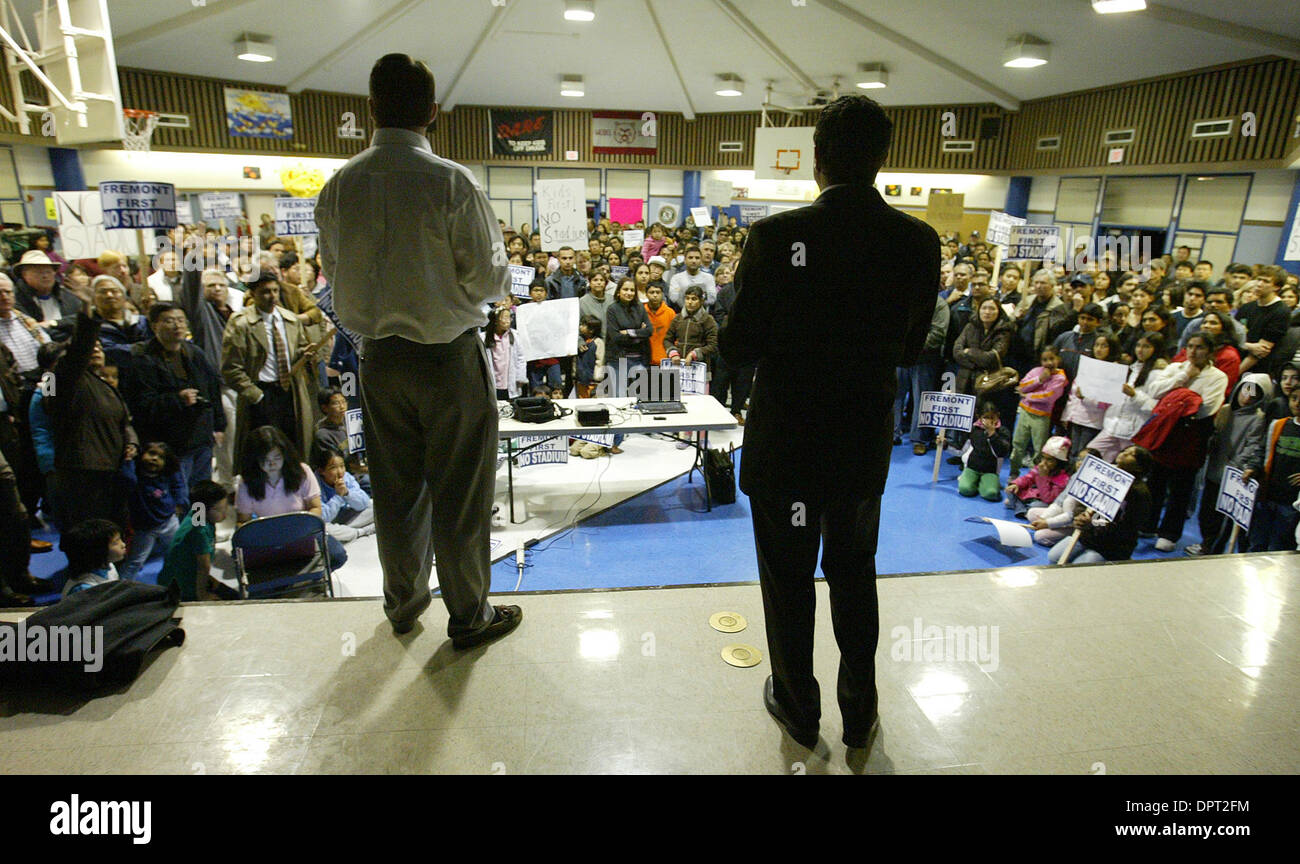 Consultant Jim Cumneen, left, and A's co-owner Keith Wolff speak at a meeting about a proposed baseball stadium for the Oakland Athletics at Weibel Elementary School on Wednesday, February 5, 2009 in Fremont, Calif. (Aric Crabb /Staff) Stock Photo