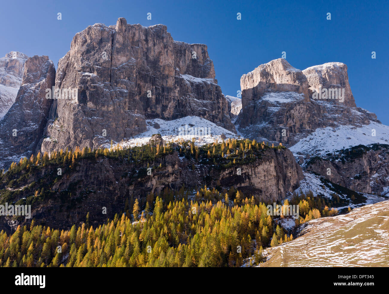 The Dolomites, north Italy, in autumn. View from below the Sella Pass Stock Photo