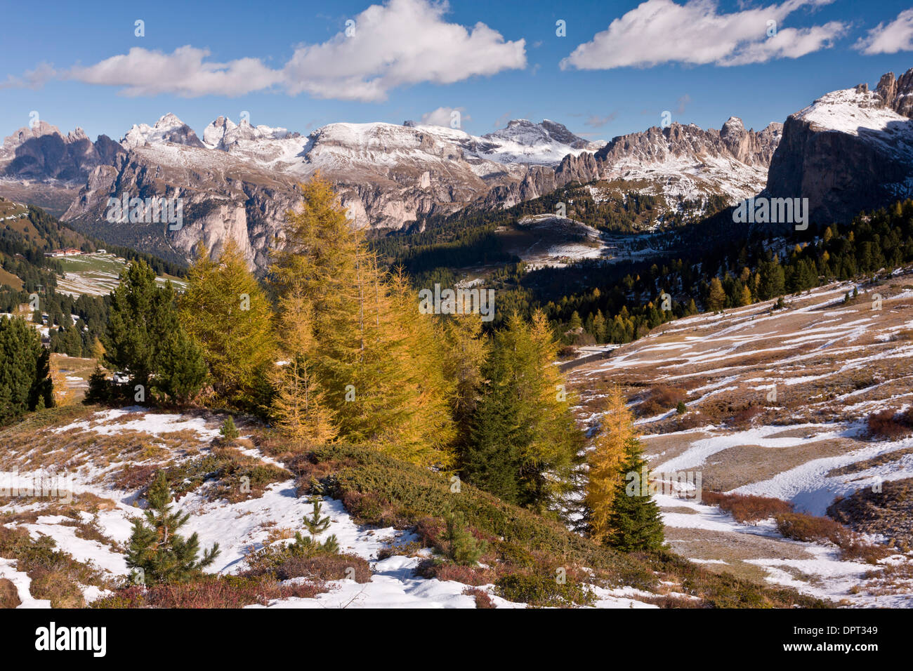 View north from the Sella Pass towards Puez Odle in autumn, with early snow; Dolomites, north Italy. Stock Photo