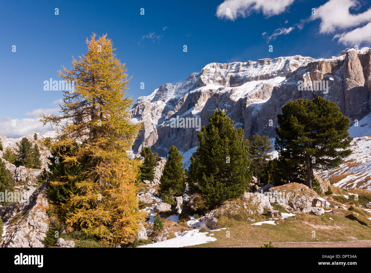 view north from above the Sella Pass towards the Sella Group in autumn, with early snow; Dolomites, north Italy. Stock Photo