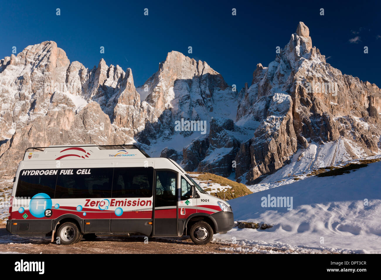 Zero emission hydrogen fuel cell vehicle parked below the Cimon della Pala, Dolomites, north Italy. Stock Photo