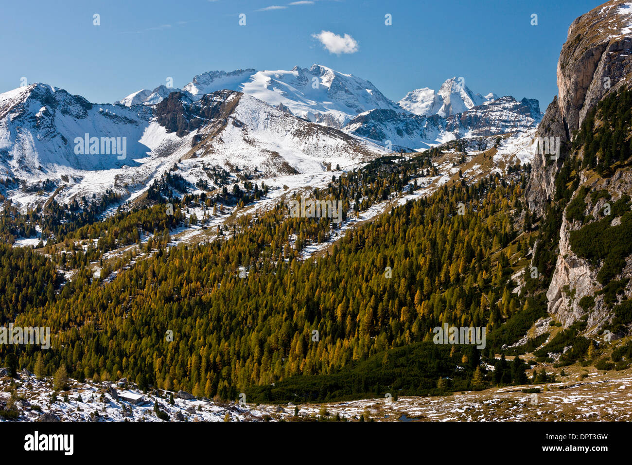 View from Passo Val Parola, south-westwards towards the Sella Group in autumn, after early snow; Dolomites, north Italy. Stock Photo