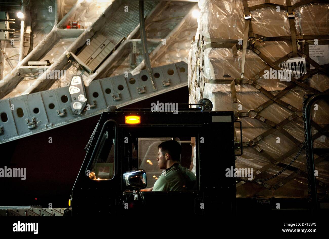 Apr 02, 2009 - Pope AFB, North Carolina, USA - Air Force personnel prepare to load pallets of supplies onto a C-17 for a flight destined for Bagram Airfield, Afghanistan. (Credit Image: Â© Andrew Craft/ZUMA Press) Stock Photo