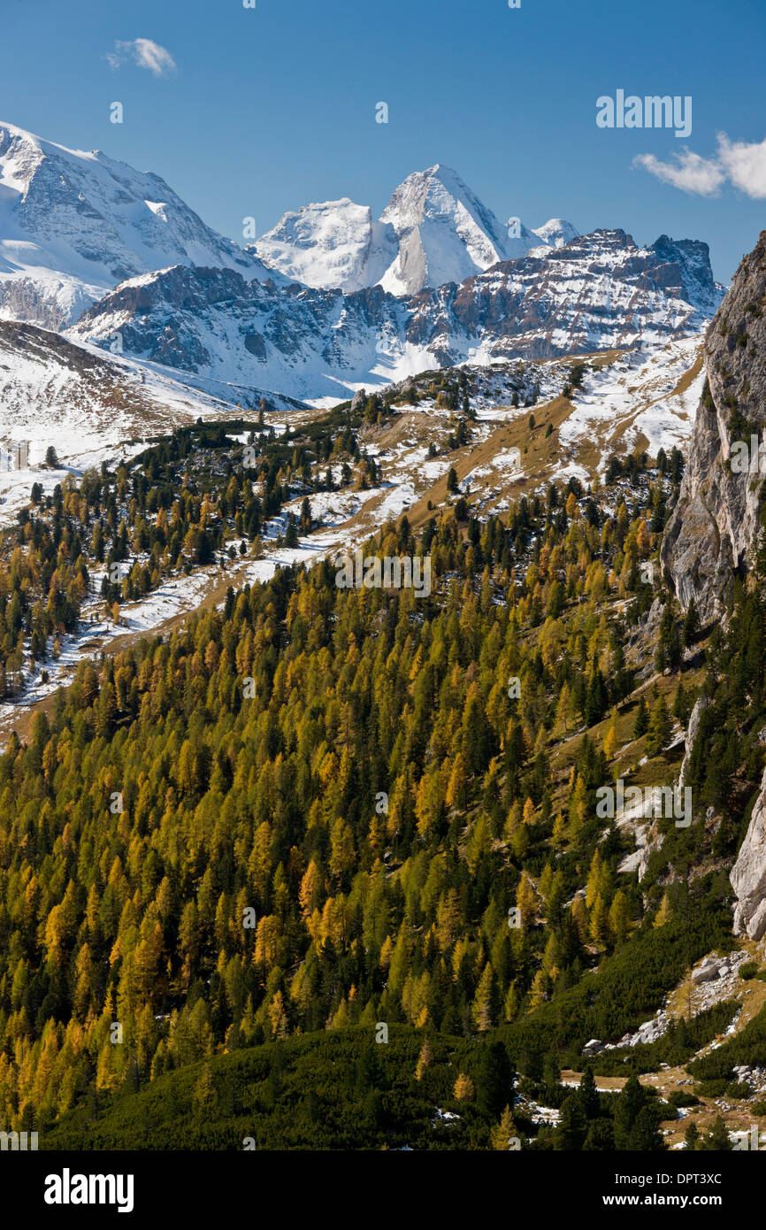 View from Passo Val Parola, south-westwards towards the Sella Group in autumn, after early snow; Dolomites, north Italy. Stock Photo