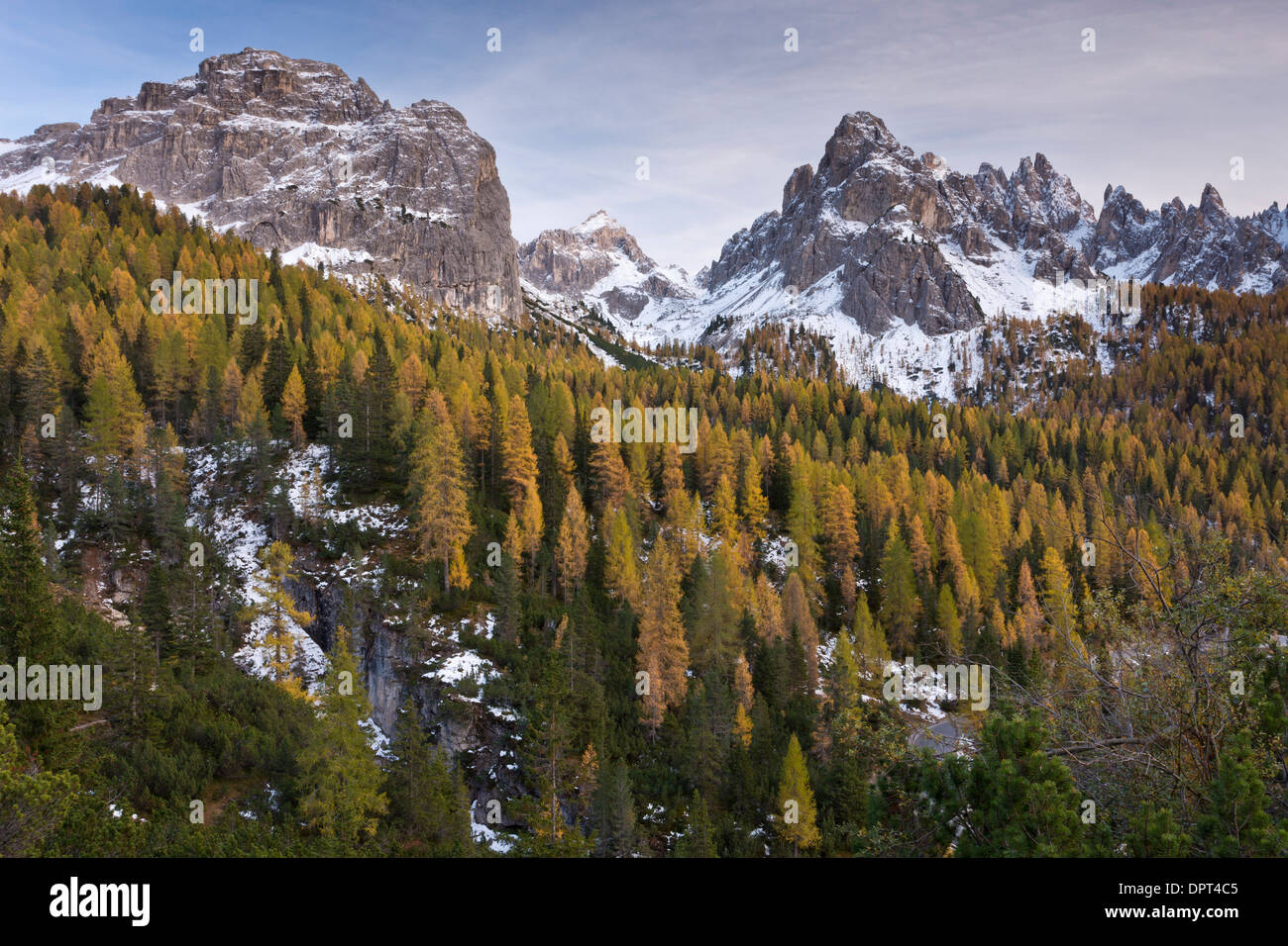 The Cadini di Misurina in autumn after early snow, Dolomites, north Italy. Stock Photo