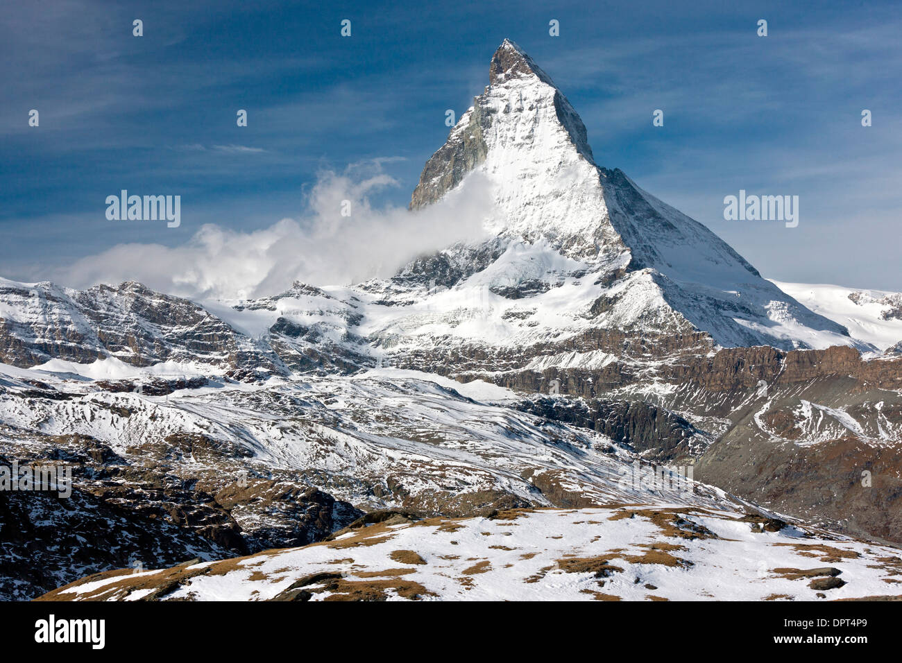 Matterhorn or Monte Cervino, Alps, border of Switzerland and Italy, 4,478 meters, 14,690 ft in autumn, above Zermatt Stock Photo