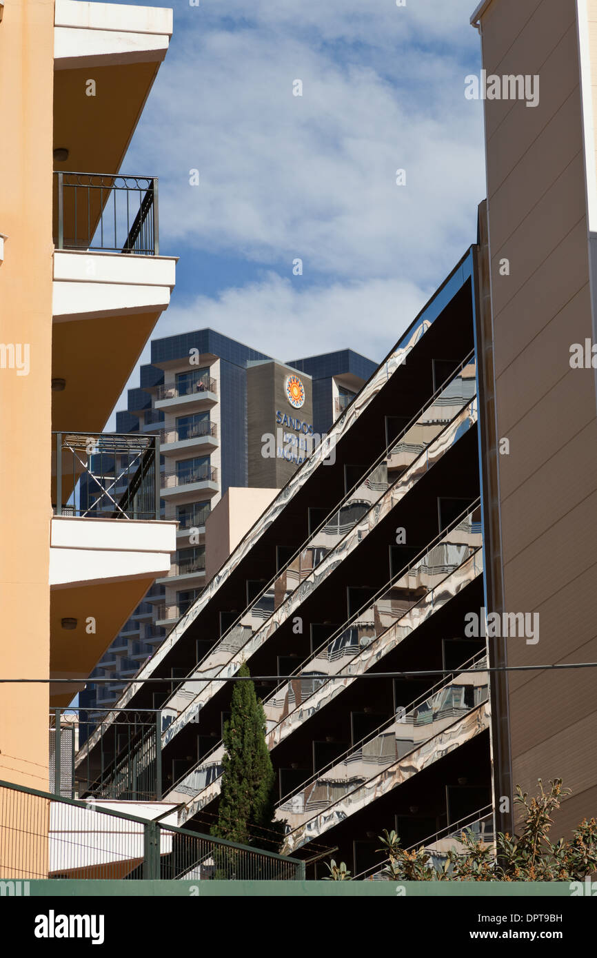 Benidorm, Costa Blanca, Spain. Abstract view of balconies and Sandos  Hotel Stock Photo