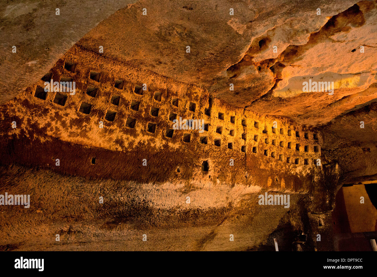 Dovecotes in the ancient troglodyte caves in the Benedictine Abbey of Brantome, Perigord, France Stock Photo